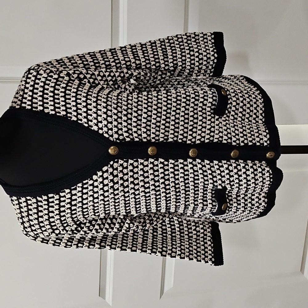 CAbi Black and White Knit Blazer with Gold Buttons